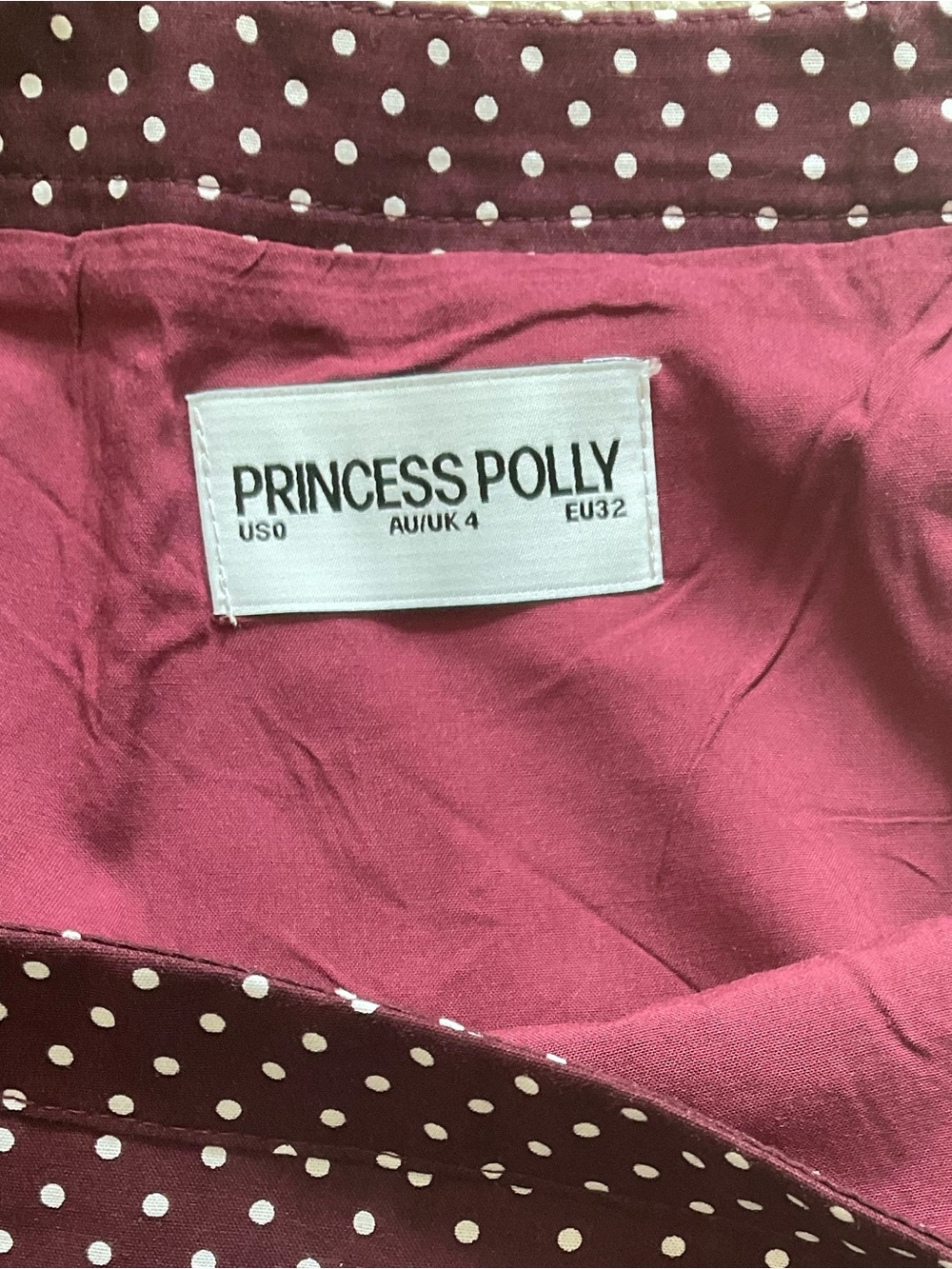 Princess Polly Burgundy Polka Dot Set Size 0 NWOT Ruched Crop Top & Midi Skirt - Picture 3 of 3